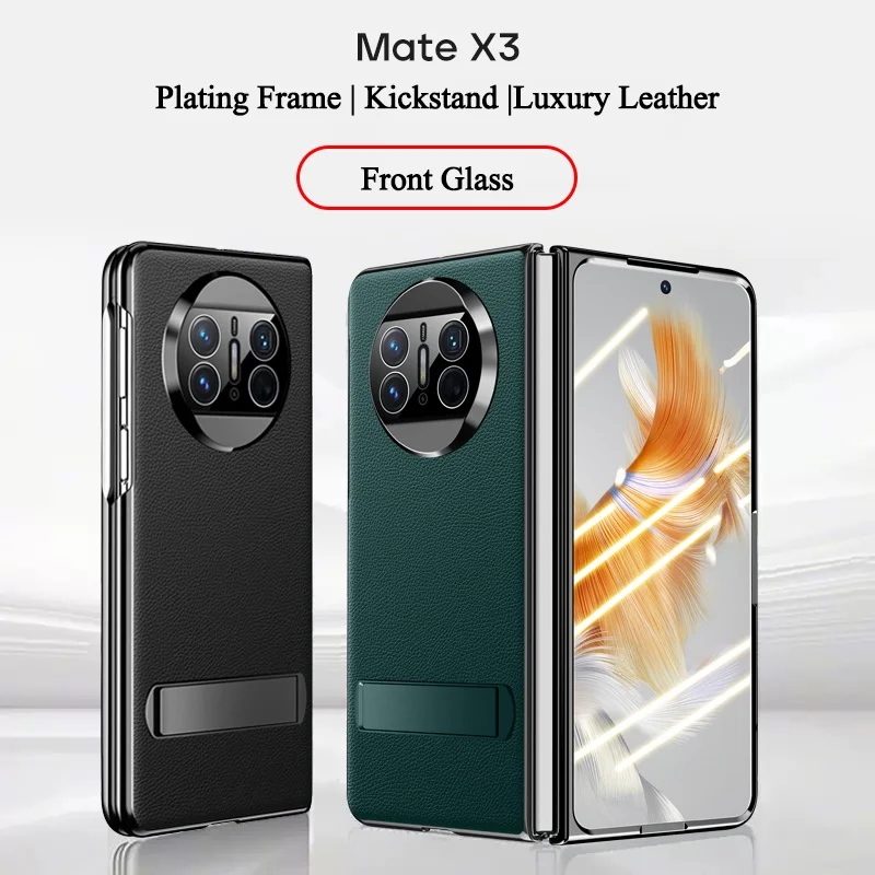 For Huawei Mate X3 Case Luxury Premium Leather Kickstand Glass Screen Protector Flip Cover with Bracket for Huawei Mate X3