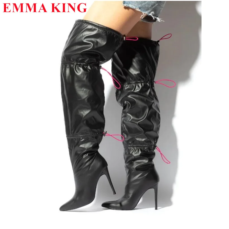 

Winter Autumn Elastic Band Over-The-Knee Boots Women Wide Calf Slouchy Thigh High Boots Black Pointed Toe HIgh Heels Botas Mujer