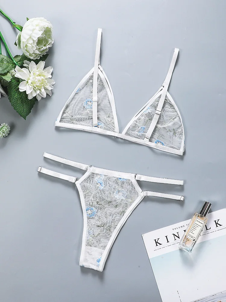 Intimo Completo sexy Reggiseno trasparente Donna 2 pezzi Ricamo floreale Completo intimo in pizzo senza reggiseno di supporto in acciaio_voghion.com