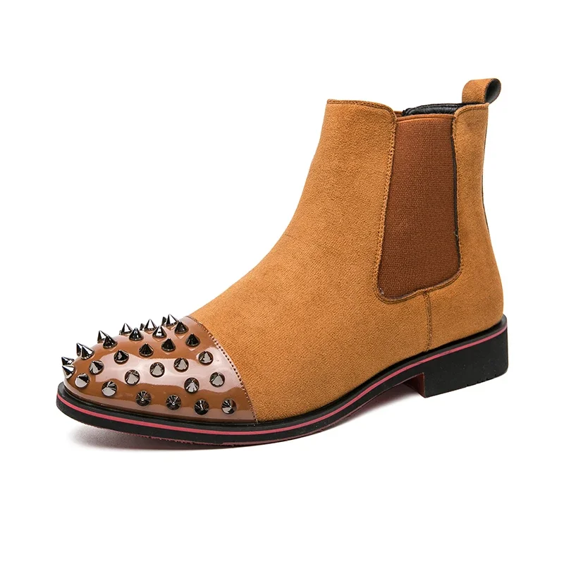

Luxury Men Chelsea Boots Rivet Dress Leather Shoes For Men Slip-On Fashion Ankle Boots Men Pointed Cowboy Boots Botas De Hombre