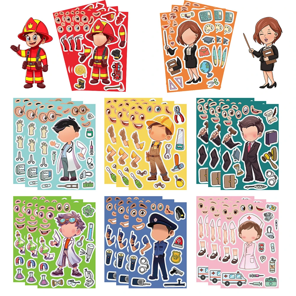 8/16Sheets Kids Doctors Nurses Firefighters Police Make-a-Face Puzzle Stickers Create Your Own Assemble Jigsaw Game Party Toys