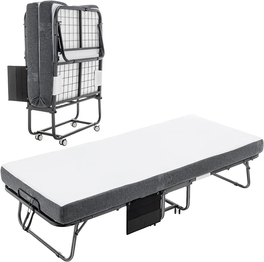 

Folding Bed with 5" Mattress for Adults Portable Rollaway Bedframe for Guests, Strong Metal Frame, 75” x 31”, Black Gray