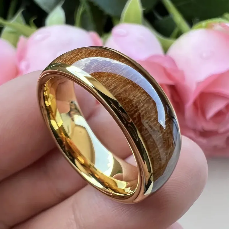 8mm Yellow Gold Tungsten Carbide Rings For Men Women Wood Inlay Wedding Band Polished with Comfort Fit