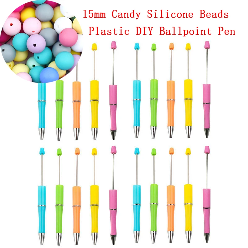 5pcs Ballpoint Pen + 30pcs Silicone Beads DIY Bead Pen Plastic Beadable School Office Writing Supplies Stationery Wedding Gift