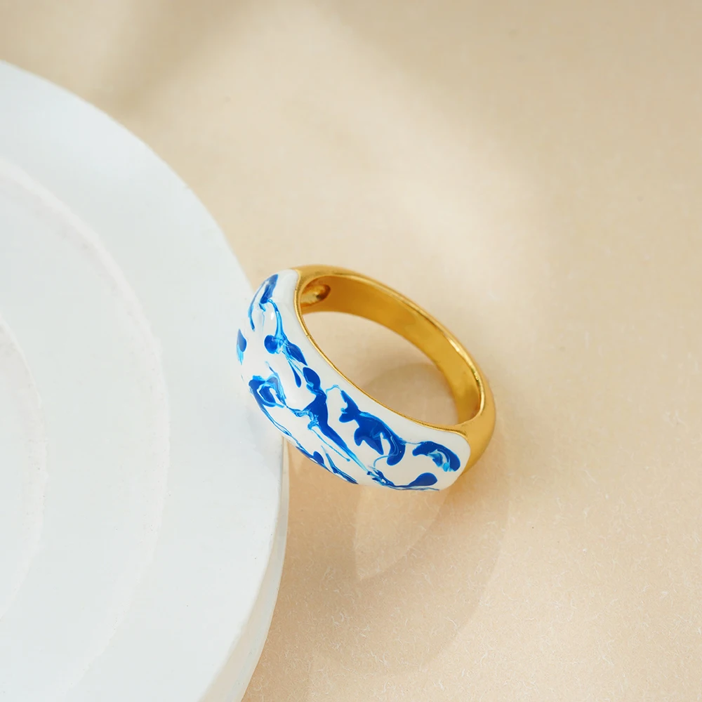 Creative Minimalist White Blue Enamel Smooth Circular Knuckle Ring Hypoallergenic Statement Chunky Rings Designer Jewelry Кольца