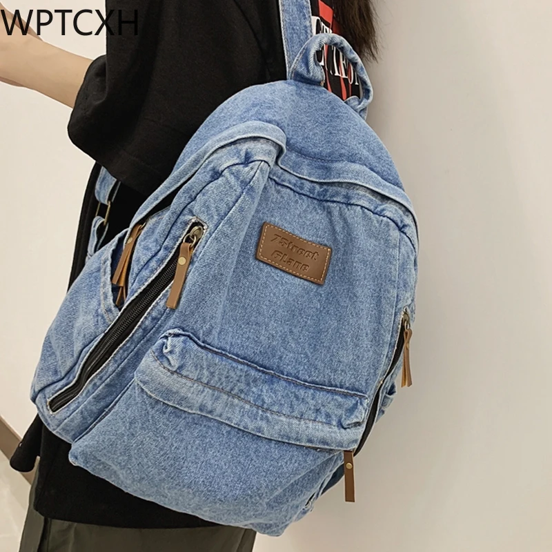 

2023 New Denim Women Backpack Retro Travel Bagpack Large Capacity Backbag Casual College Student School Bags Double Shoulder Bag