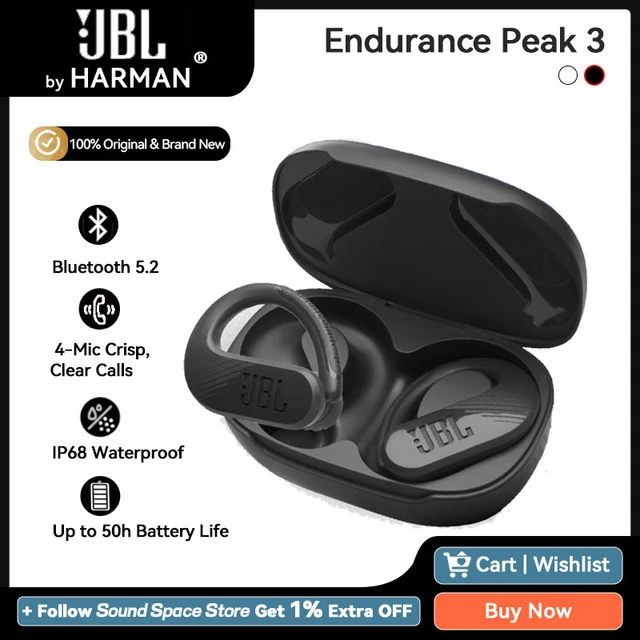 JBL-Auriculares deportivos inalámbricos Endurance Peak 3, cascos con  Bluetooth, gancho para la oreja, resistentes al