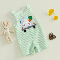Infant Baby Girls Boys Easter Rompers Striped Bunny Truck Carrot Embroidery Crew Neck Sleeveless SpringJumpsuit Bunny Overalls 1