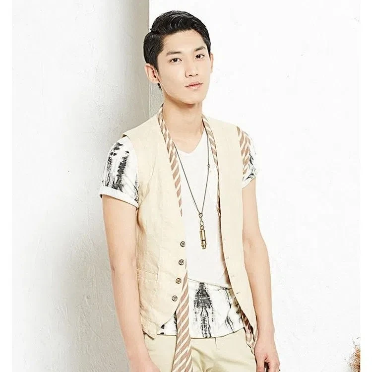 MensLinenVestSteampunkCottonFormalBeigeMaleSuitSpringsJacket