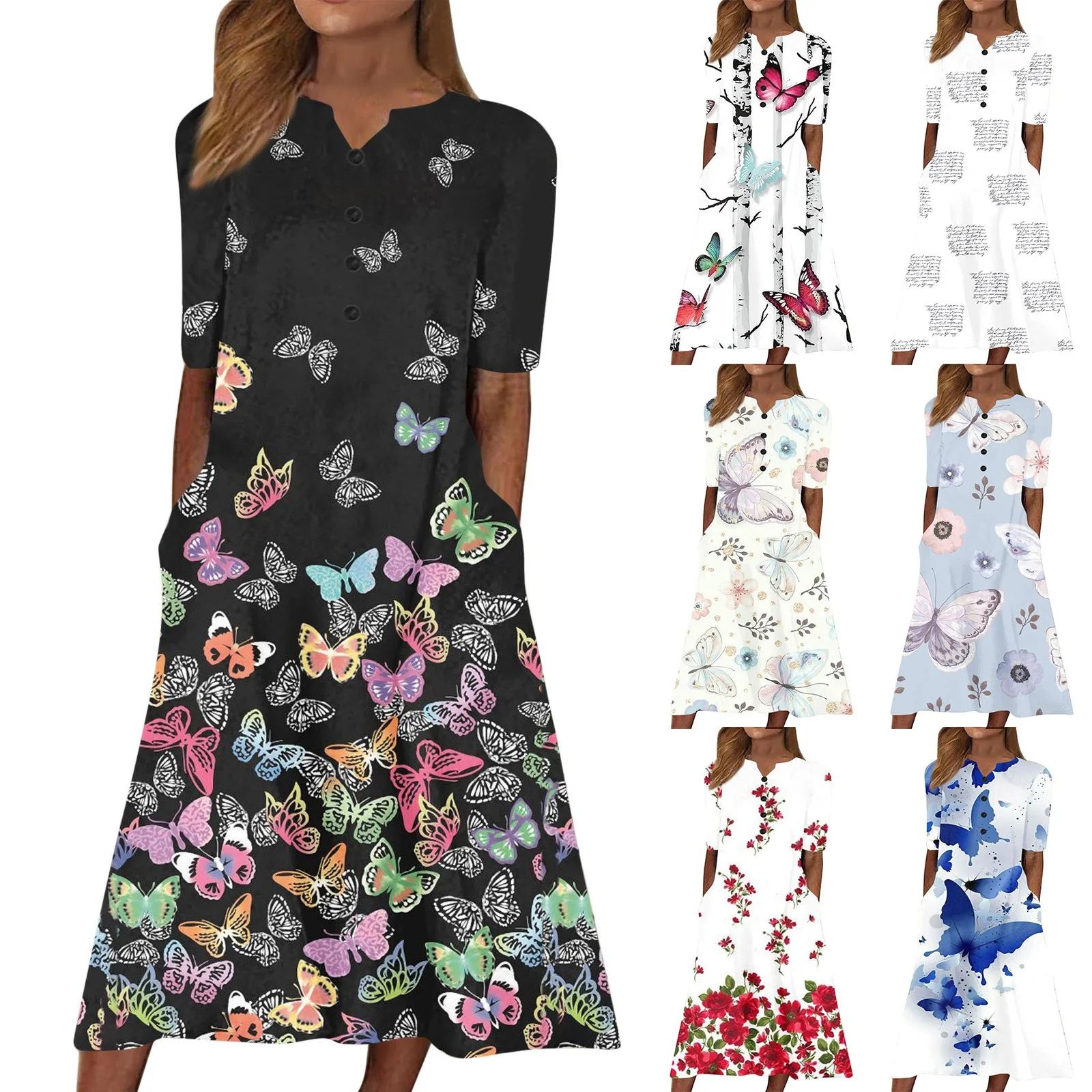

Comfortable Dresses For Women Short Sleeve V Neck Long Dress Plus Size Butterfly Printed Dress Beach Holiday Dress With Pockets