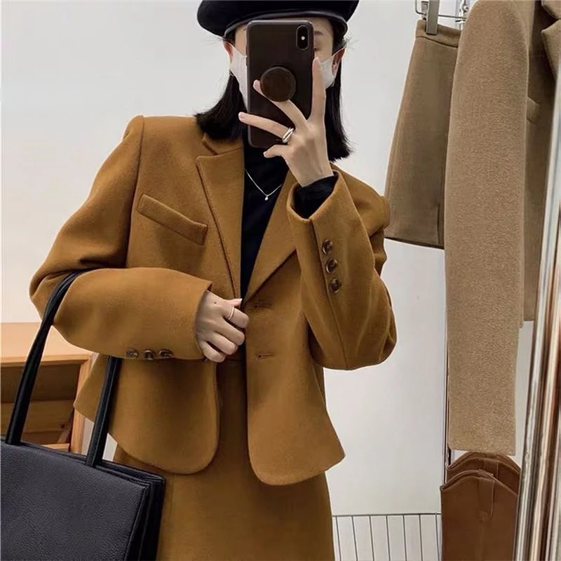 

Womens Short 2 Sets Black Summer Suit with Skirt and Blazer Two Piece Set for Women Outfit 2024 Woolen Mini Khaki Long Sleeve