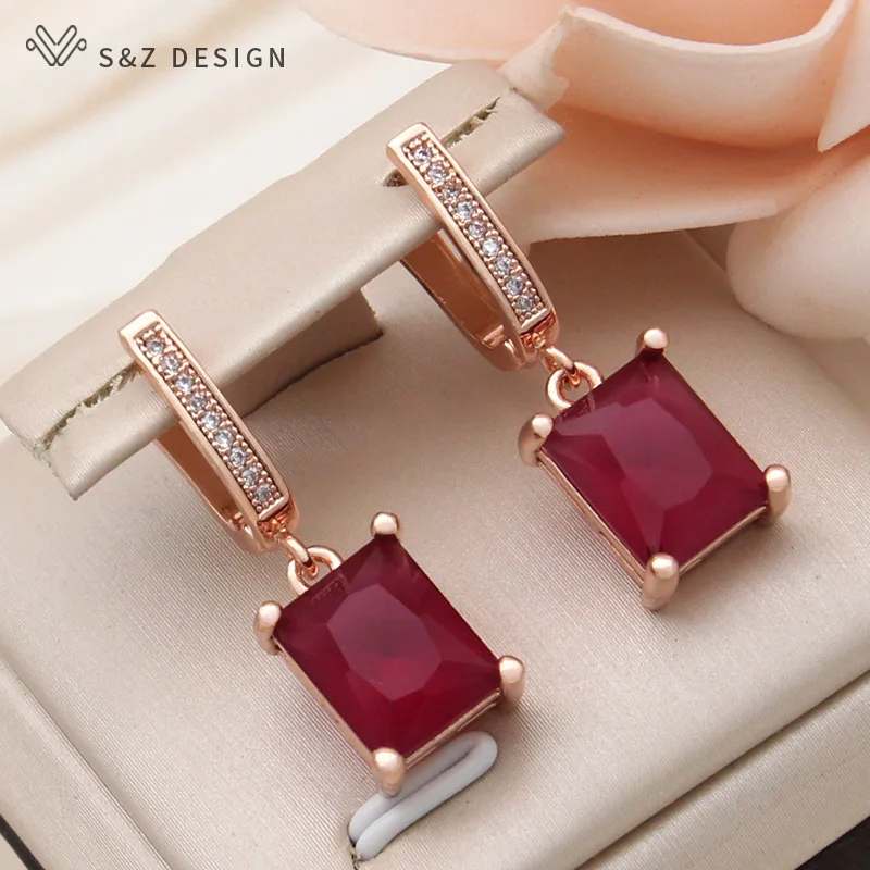 S&Z DESIGN New Fashion Cubic Zirconia Rectangle Dangle Earrings For Women Elegant 585 Rose Gold Color Jewelry Daily Accessories