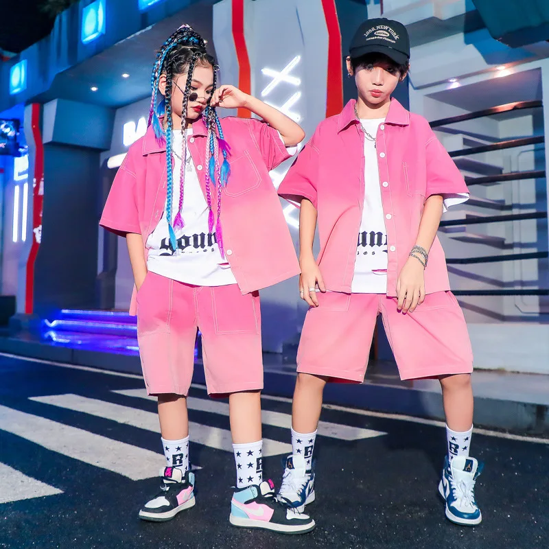 New Kids Jazz Costume Boys Hip Hop Clothing Denim Shirt Short Sleeves Kpop Outfits Girls Jazz Drum Performance Clothes 8 10 12 Y
