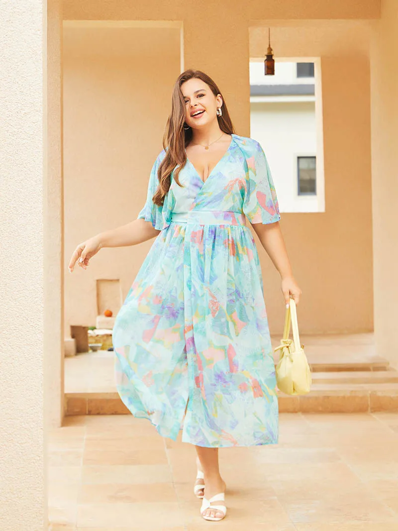 Bandage Sexy Wrap Beach Dress Boho Blue Floral Chiffon Slit Big Size Dress Women Plus Size Maxi Dresses For Women Summer 2023