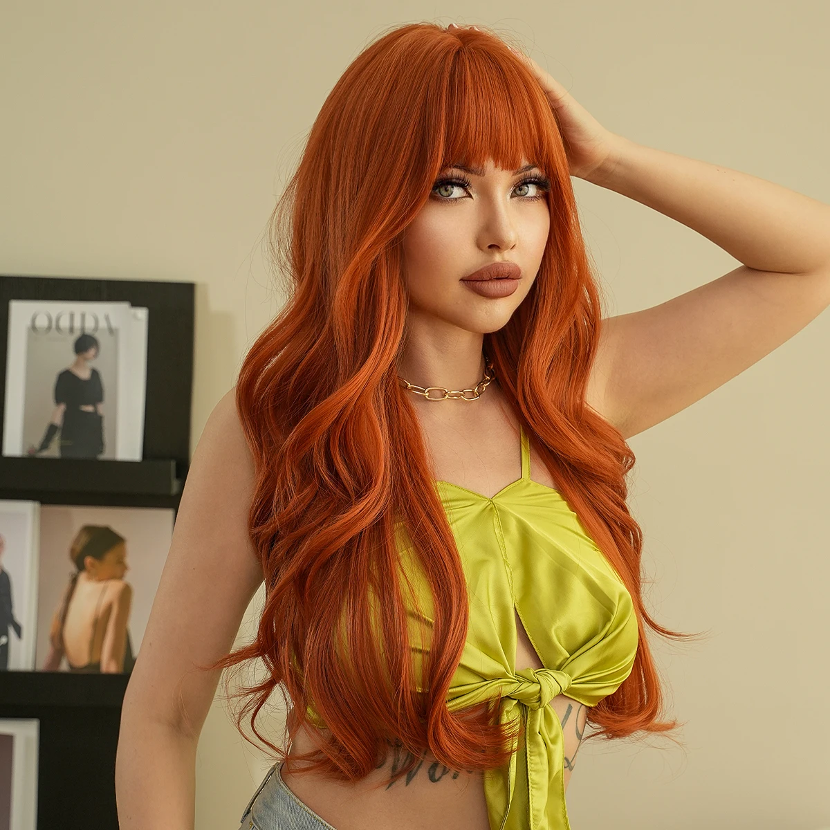 7JHH WIGS Costume Wigs Long Body Curly Orange Wigs with Neat Bangs High Density Heat Resistant Synthetic Hair Wig for Women