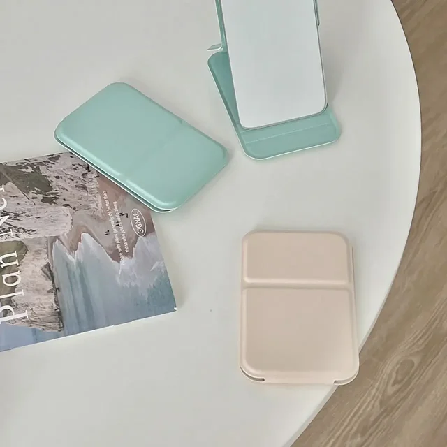 Miroir de maquillage de bureau en cuir PU, couleur unie, Simple, Portable, pliable, Compact, mignon, pour étudiant 5