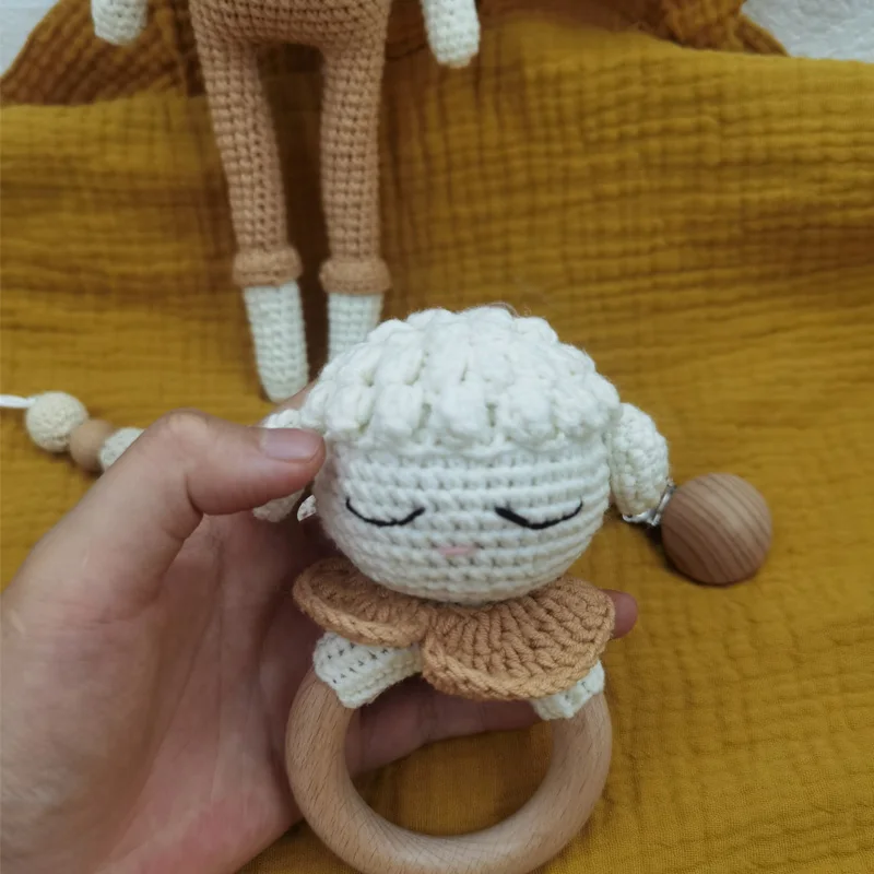 Baby Pacifier Clip Crochet Sheep Handbell Teething Rattle Dummy Chain Boy Girl Unisex Teether Infant Shower Gift 5