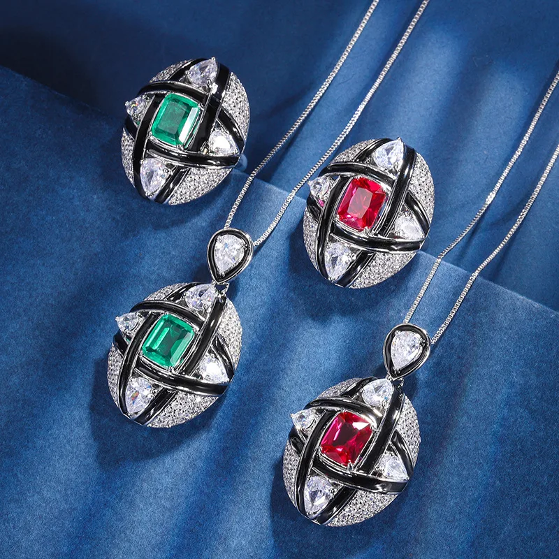 925 Silver Luxury Lab Emerald Ruby Jewelry Set Women Sparkling Paraiba Tourmaline Gemstone Wedding Anello Di Fidanzamento Collana