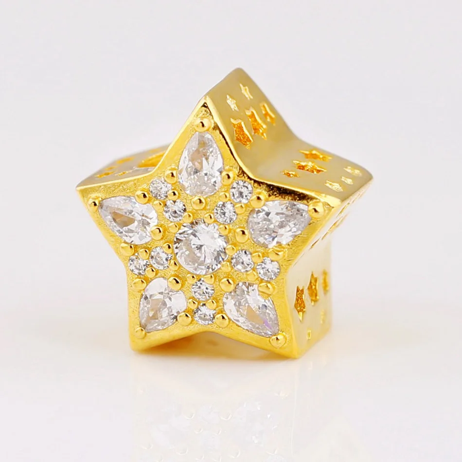 

Gold Colour Star Charm fit Women Bracelet Bangle DIY Jewelry S925 Sterling Silver Crystal Bead Girl Gift
