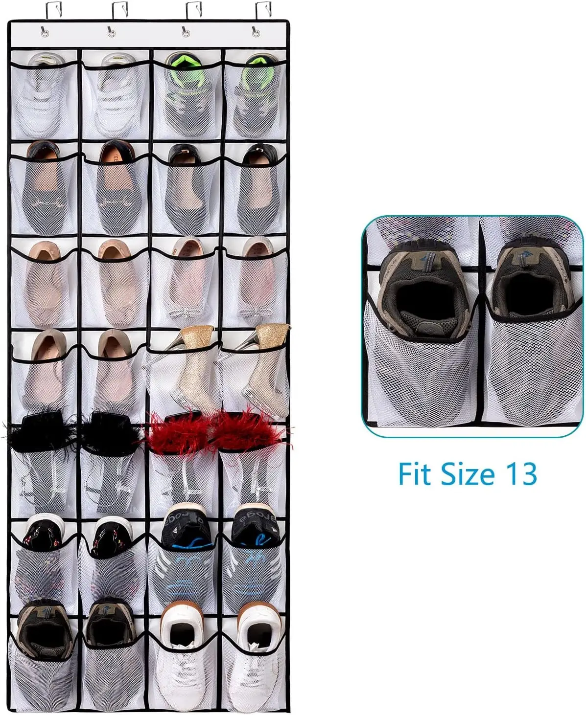 28Pocket Over-the-Door Shoe Organizer Large Capacity Hanging Shoe Rack with 4 Metal Hooks for Storage Holder