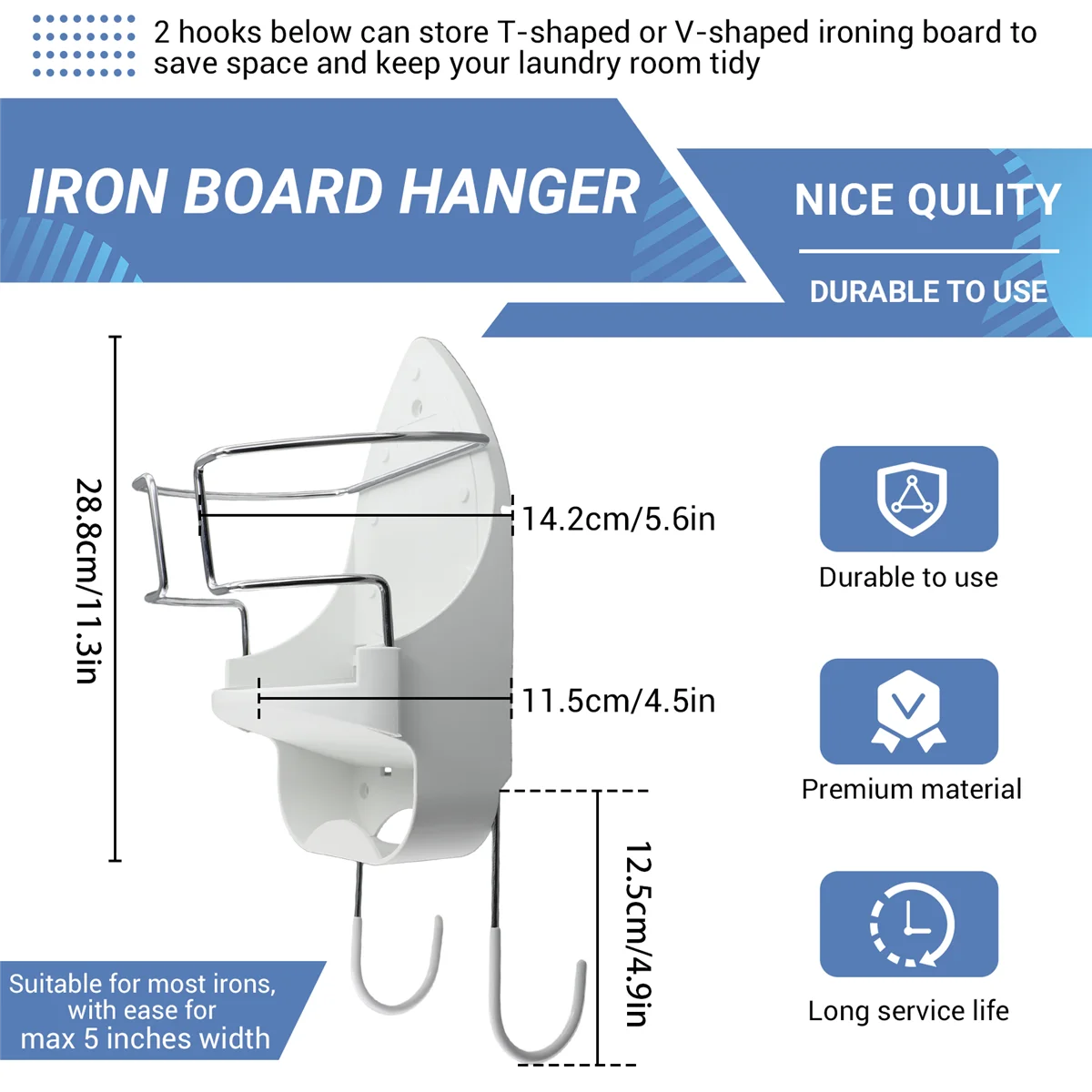 Iron Board Hanger Wall Mount Electric Iron Holder Iron and Ironing Board Storage Organizer Shelf with Removable Hooks -2 5