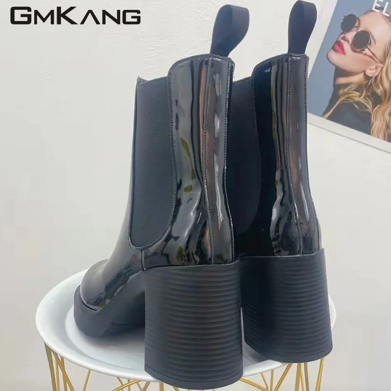 2023 New Chunky Heels Short Boots Woman Genuine Leather Round Toe Chelsea Boots Ladies High Heels Ankle Boots Women Booties
