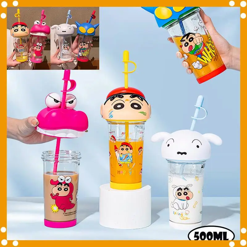 

Kawaii 2024 Crayon Shin-Chan Anime Water Cup Cute High Beauty Student Straw Cup Student Cartoon 500Ml Plastic Cup Children Gifts