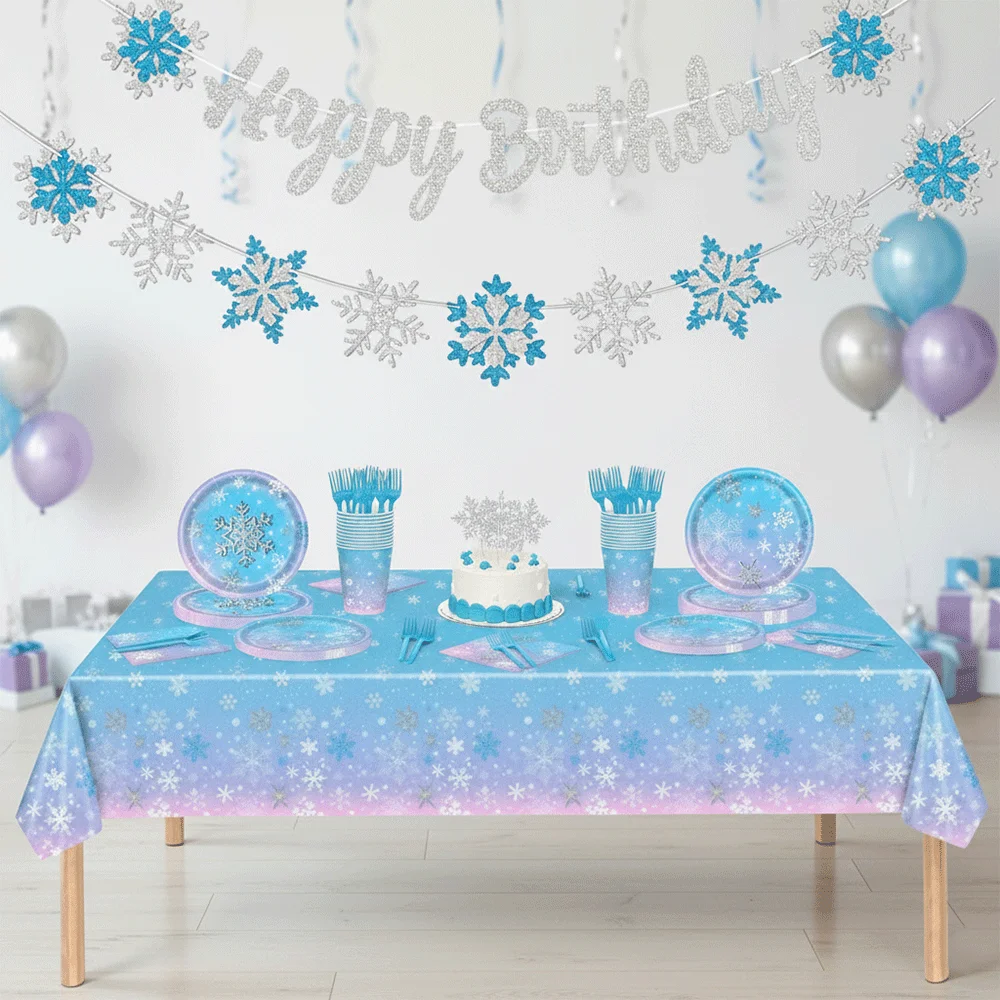 Frozen Birthday Party Supplies Schneeflocken Teller Servietten Tassen Tischdecke Banner Schneefolienballons Swinter Wonderland Dekorationen