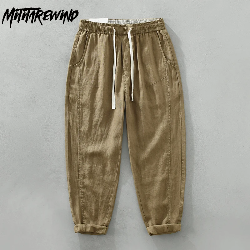 

Брюки мужские из натурального 100% льна, дышащие повседневные мешковатые штаны с поясом на резинке, в японском ретро стиле, летние