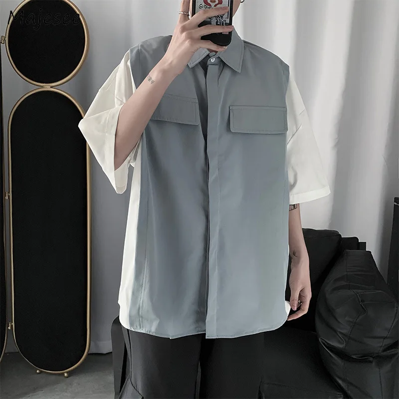

Shirts Men Patchwork Ins Summer Fashion Hemden Unisex Clothes Korean Japanese Streetwear Casual Personality Teens Hip Hop Male