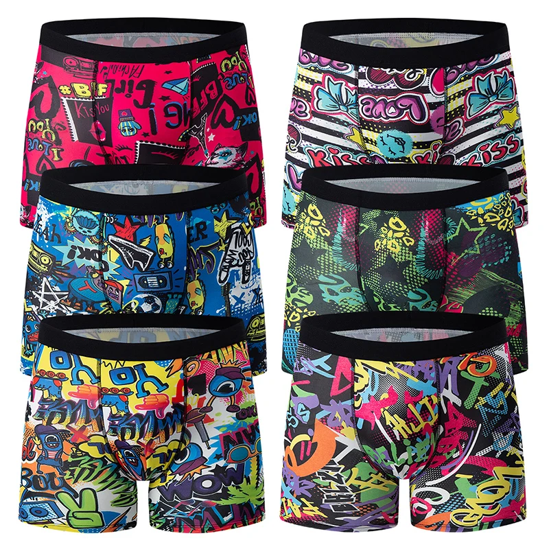 6 Pcs Parent-child Fashion Printed Underwear Men's Multi-size Long Boyshort Teenagers Comfortable And Versatile Elastic Waist S 3