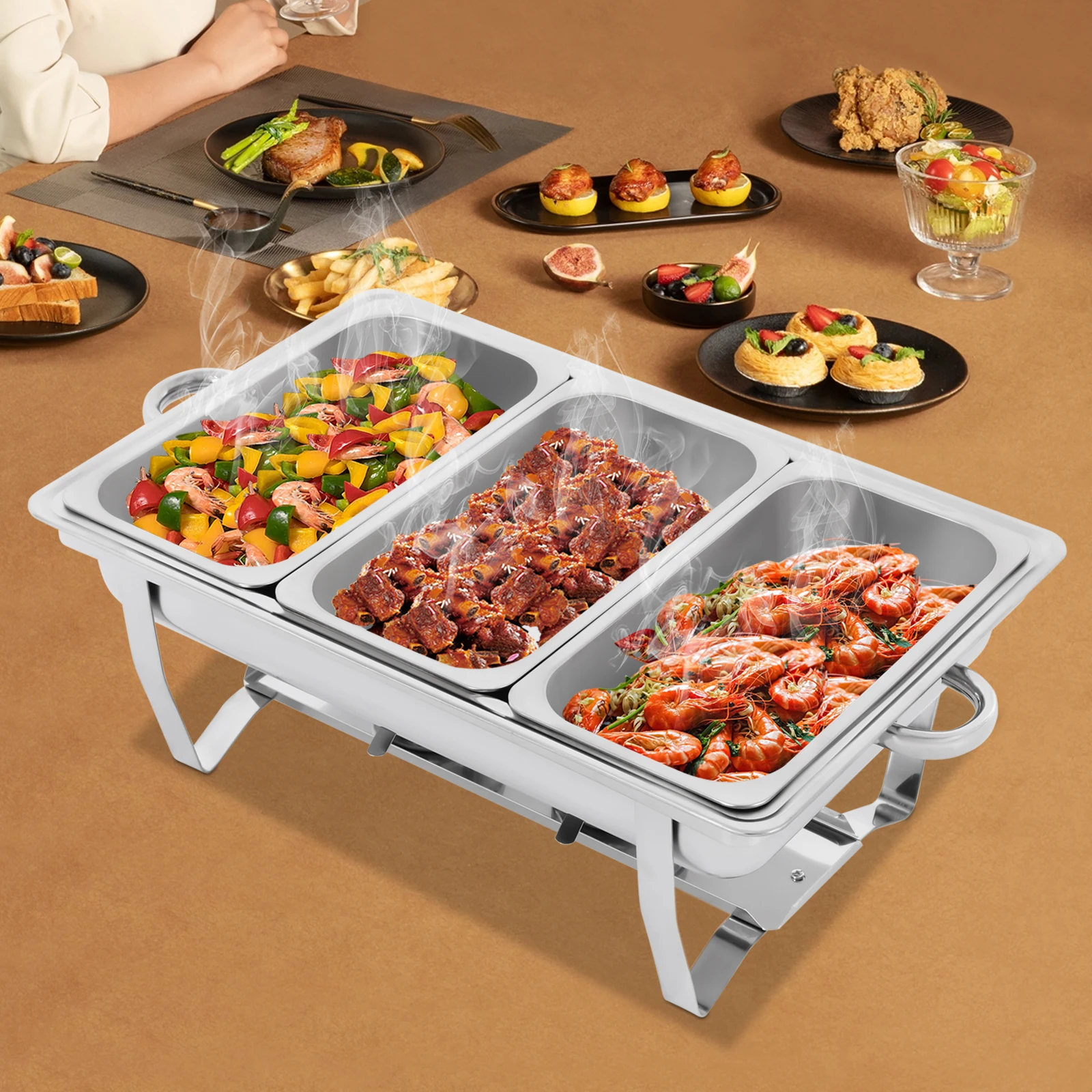 Set Scaldavivande 9L 6 Pezzi In Acciaio Inox - Per Buffet, Catering E Feste, Con Bruciatori E Vassoio