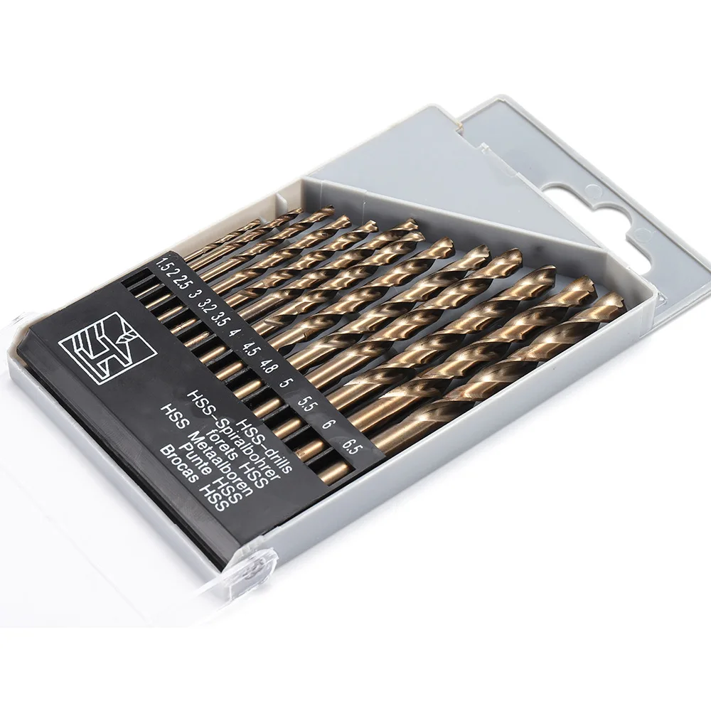 

High speed steel M35 baked yellow 13pc twist drill set 135 degree double back angle stainless steel hole containing cobalt drill