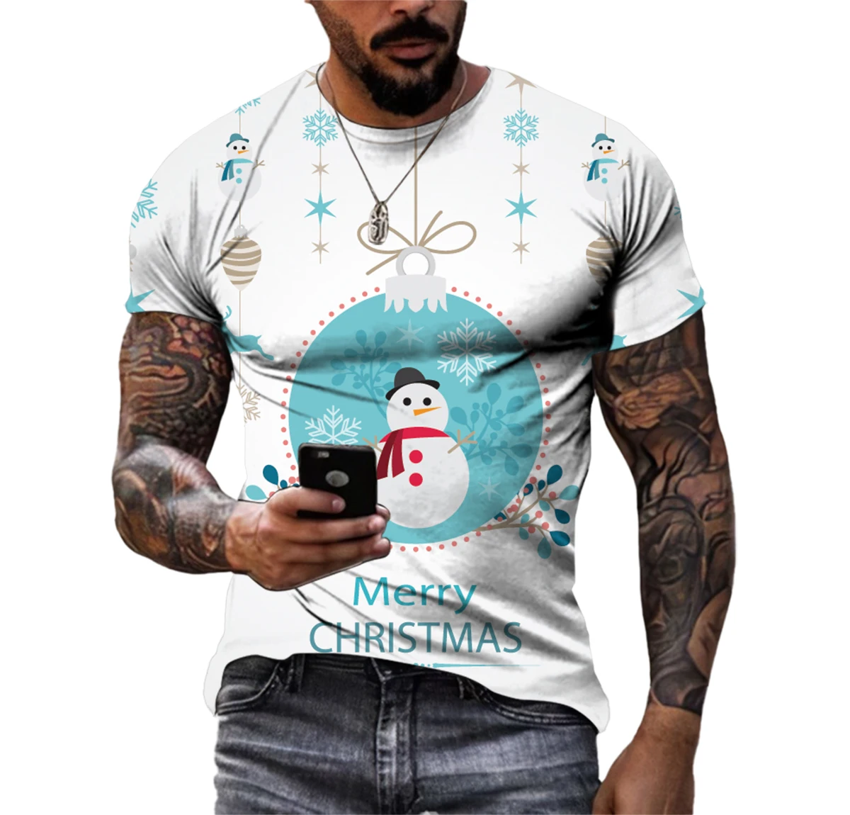 

Summer Christmas Snowman Pattern Men's T-shirt Hip Hop 3D Print Personality Neck Short Sleeve Fashion Clothes