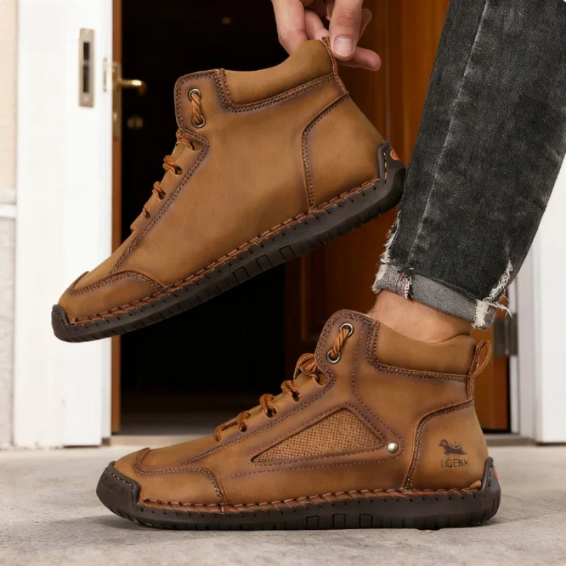 Trend High Top Shoes for Men Anti Slip Soft Sole Breathable Comfortable Loafers Lace Up Mosinka Shoe Spring and Autumn Flat Shoe