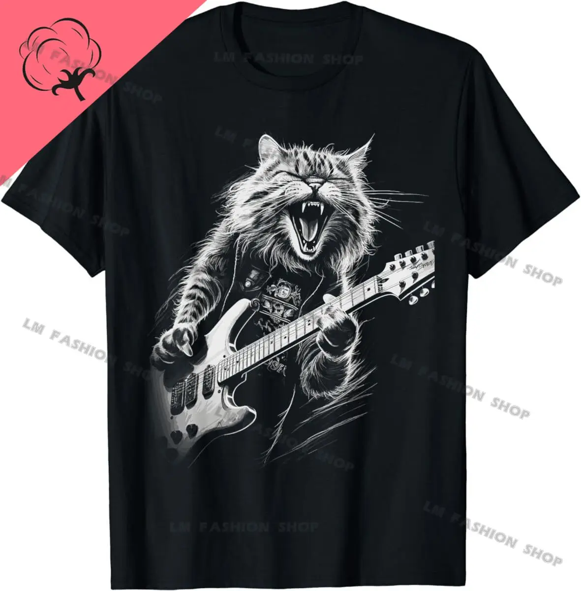 Rock Cat Playing Guitar Graphic TShirts Men's Clothing Short Sleeve ...