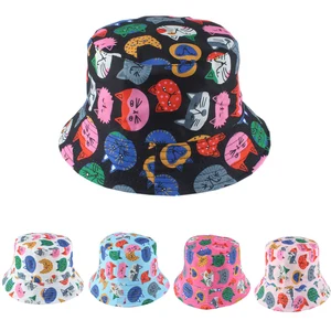 Summer Cartoon Cat Cute Bucket Hat Children Boys Girls Double Sided Cotton Fisherman Cap Outdoor Kids Panama Reversible Sun Hat