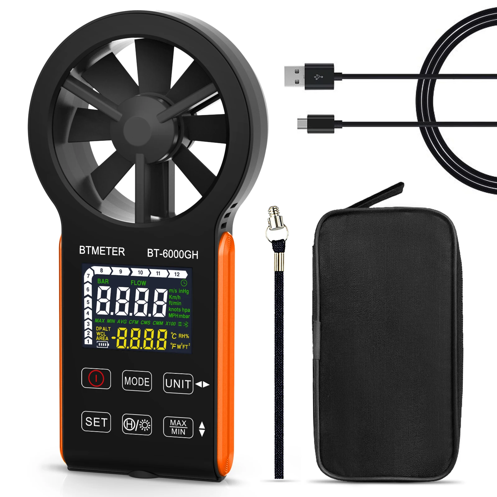 

BTMETER Digital Anemometer Wind Speed 0.3-30m/s ,Touching Key,Rechargeable Temp,Average,Max&Min ,Air Volume Test BT-6000GH-C