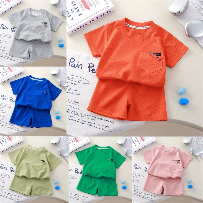 ملابس الأطفال الصيف الهراء ملابس بأكمام قصيرة موضة بنين بنات قميص رياضي غير رسمي رقيقة الصلبة بلوزة أطفال + فستان أطفال مع سروال داخلي