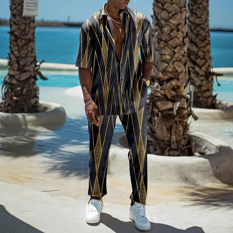 

Men's Geometric Beach Holiday Shirt Set 2-Piece Sportswear Hawaiian Fashion Casual Button Short Sleeve Shirt Pants Men's Set