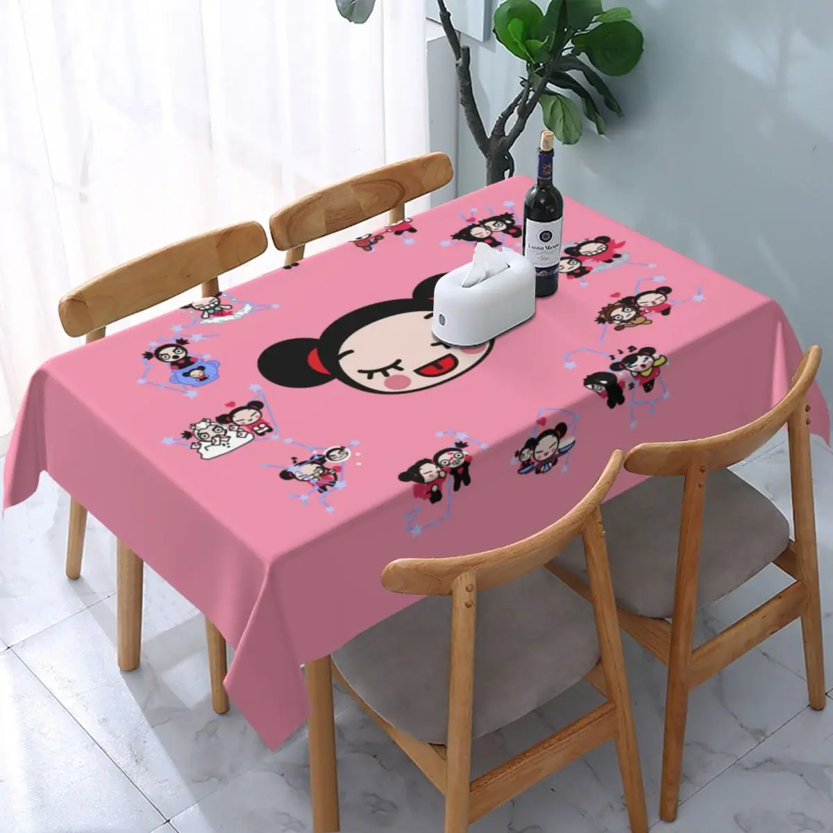 

Rectangular Fitted Cartoon Anima Pucca Table Cloth Oilproof Tablecloth 45"-50" Table Cover Backed with Elastic Edge