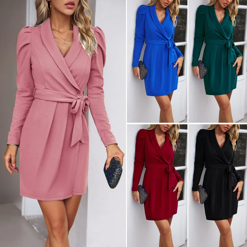 

DY-Dress Autumn and Winter Women's Elegant Long Sleeve Cinched Short Dress