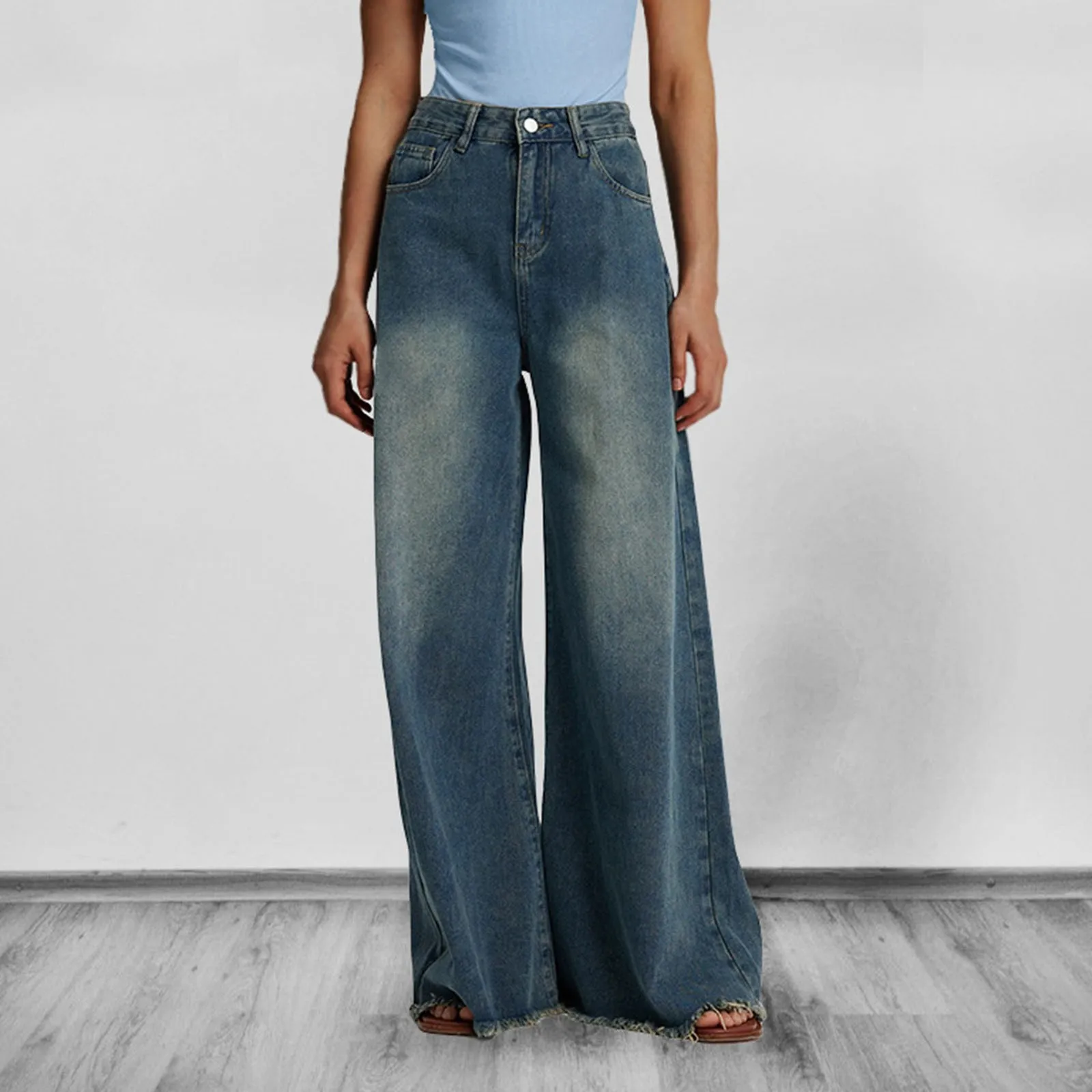 

2024 Vintage Casual Women's Baggy Denim Trousers High Waisted Blue Jeans Female Fashion Distressed Wide Leg Loose Denim Pants