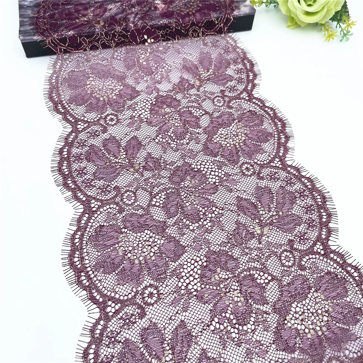 3y/lot Width 9 inch 23cm Burgundy Gold Non-Elastic Eyelash Lace Trim Lingerie Sewing Craft DIY Apparel Fabric Lace Garment Acce 3