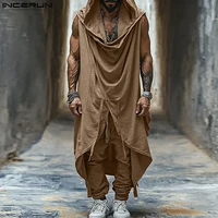 Fashion Casual Style Sets INCERUN New Men's Hooded Swinging Neck Sleeveless Drawstring Vests Pant Streetwear Two-piece Sets 2024 1