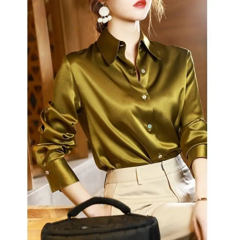 Brand Quality Luxury Women Shirt Elegant Office Button Up Long Sleeve Shirts Momi Silk Crepe Satin Blouses Business Ladies Top