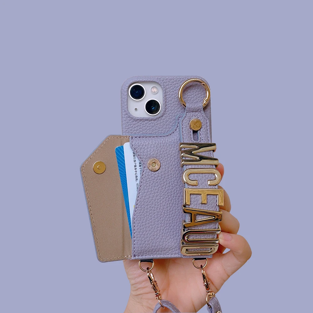 Shoulder Rope With Card Customized Metal Name Letter Personalized Initial Leather Phone Case For Iphone 14 13 12 11 Pro Max