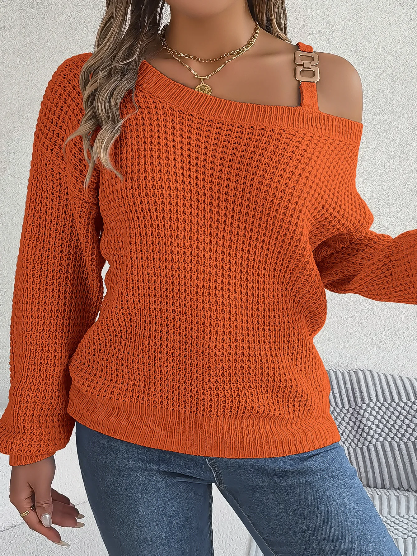 Women Autumn Winter Sweater Off Shoulder Lantern Neck Knit Pullover