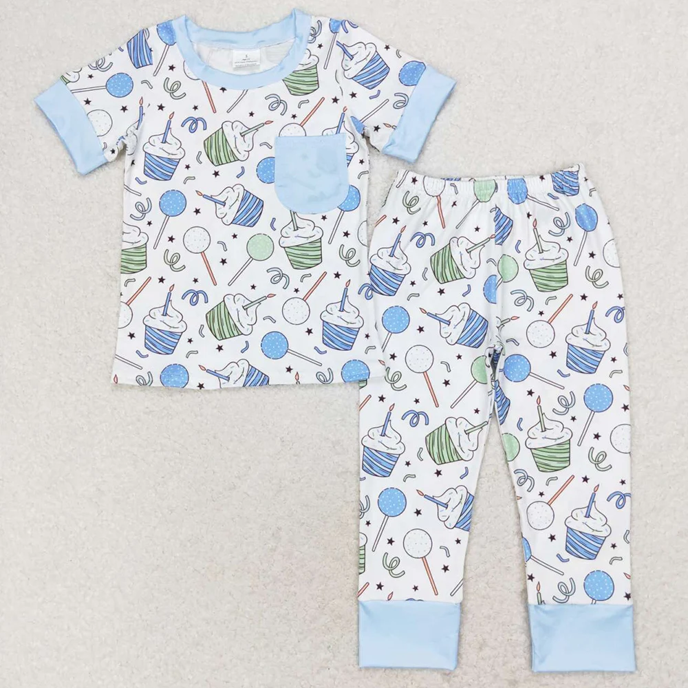 Boutique Baby Boys Pajamas Birthday Blue Long Sleeve Shirt Pants Pajamas Sleepwear Sets Cute Kids Nightwear