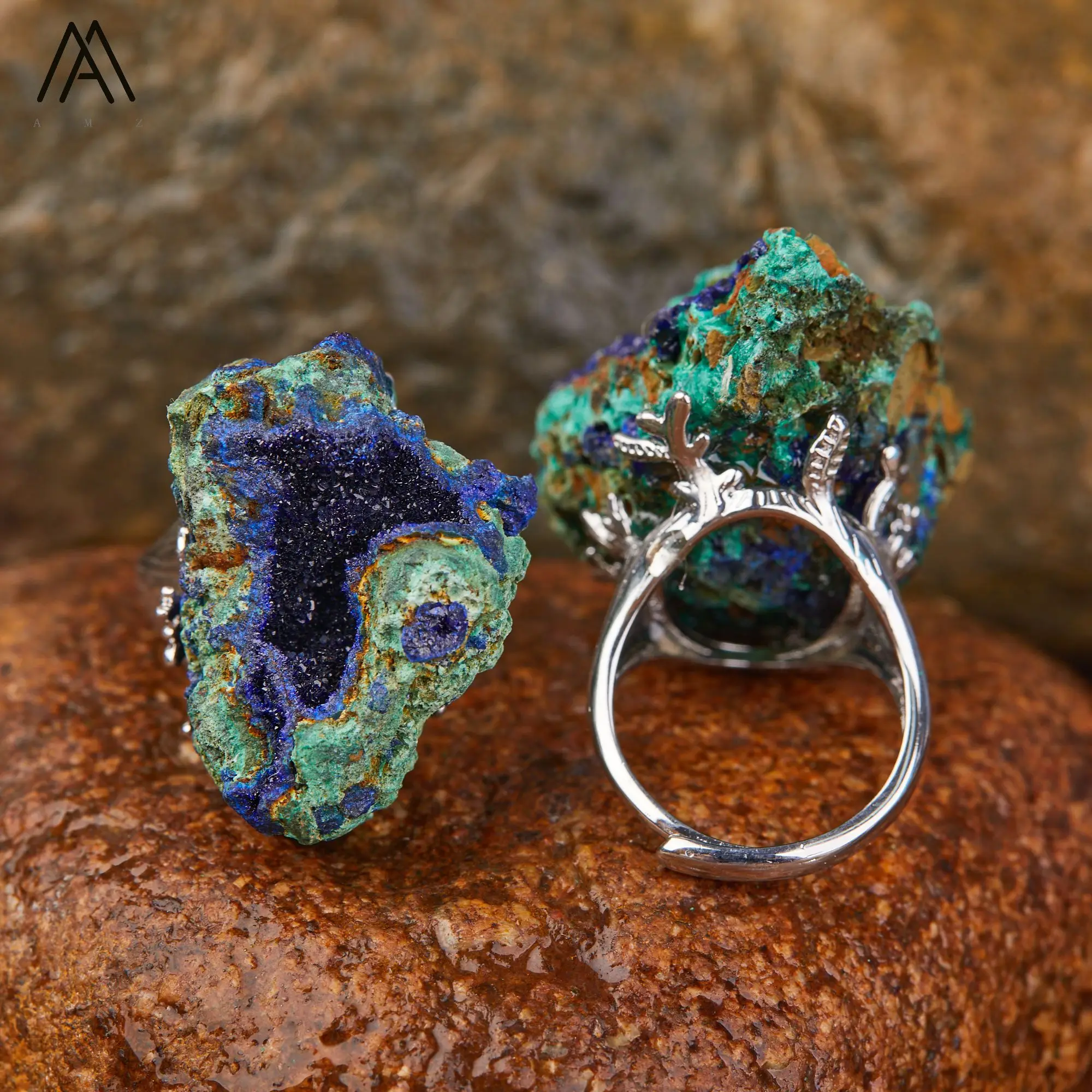 Natural Azurite Malachite Geode Finger Rings For Women Raw Gemstone Mineral Reiki Healing Jewelry Gifts